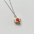 Flower design ceramic white heart charm with silver tone chain necklace (red)