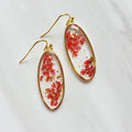 Gold tone red flower resin drop dangle earrings