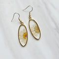 Gold tone white flower resin drop dangle earrings