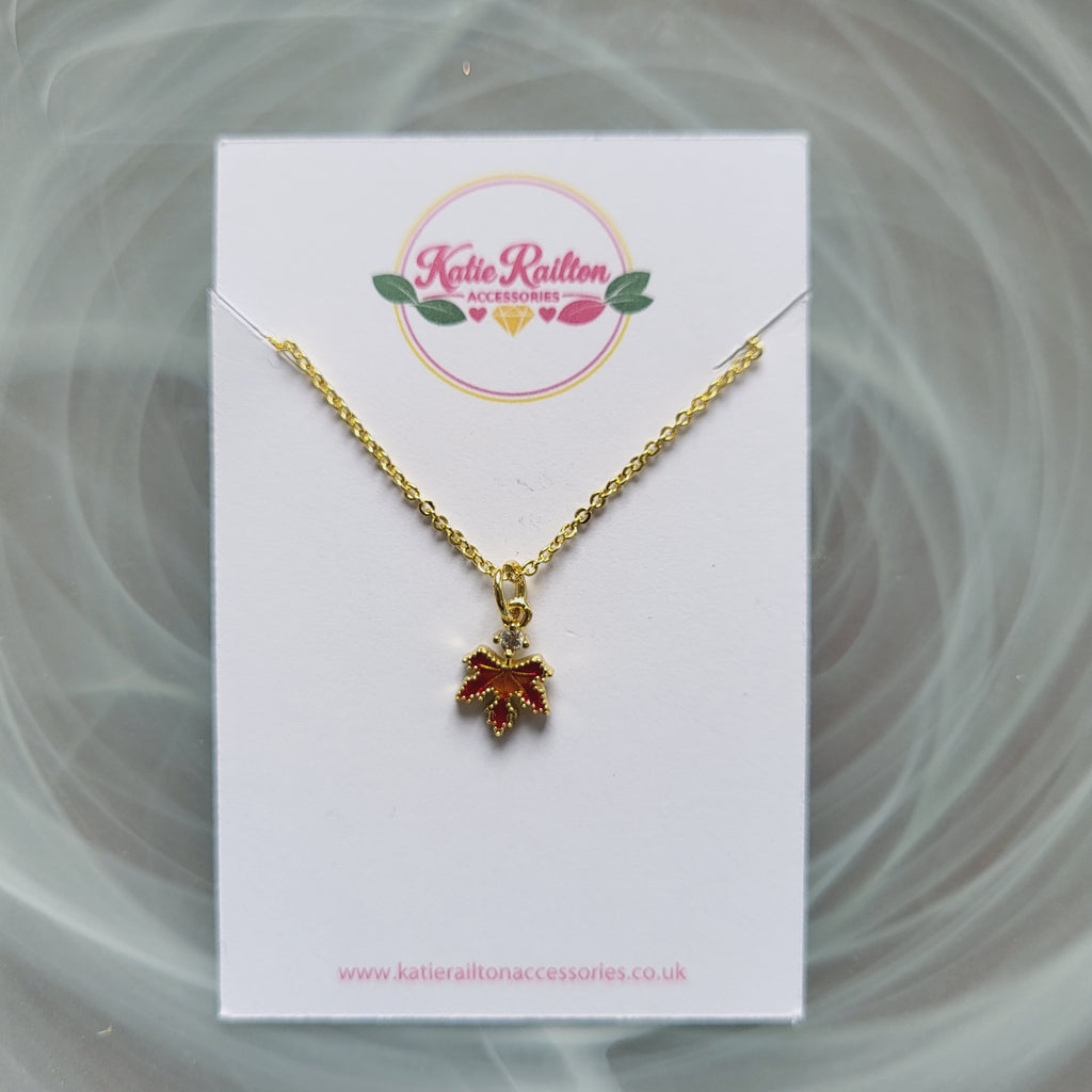 Gold tone amber leaf charm pendant necklace