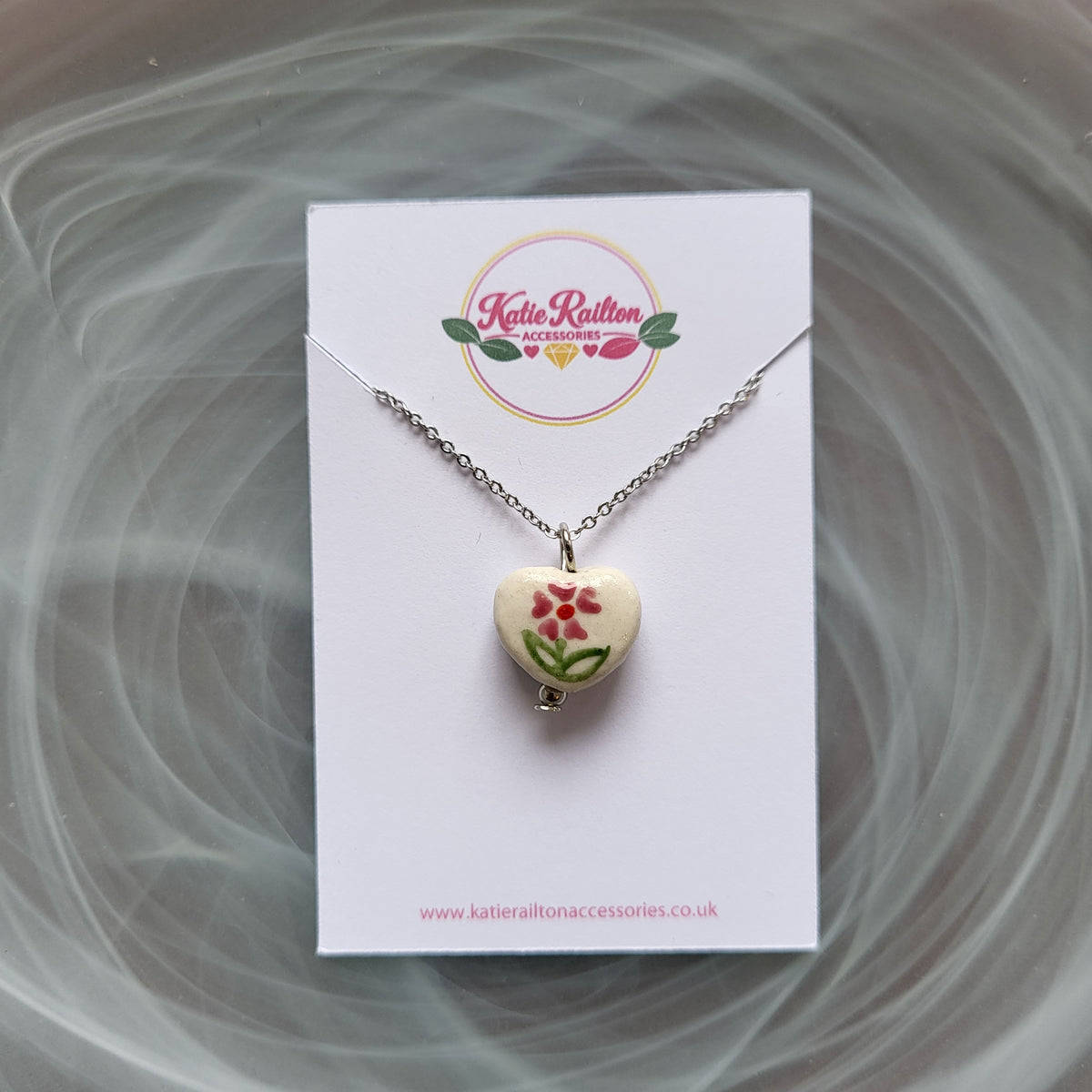Flower design ceramic white heart charm with silver tone chain necklace (pink)