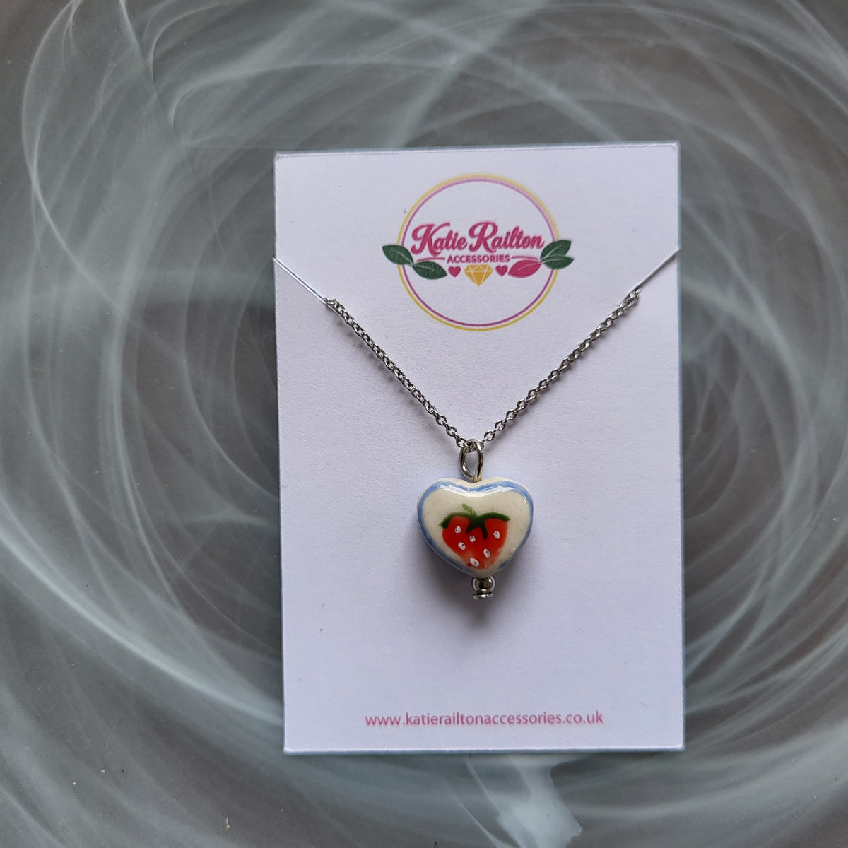 Strawberry design ceramic white heart charm with silver tone chain necklace