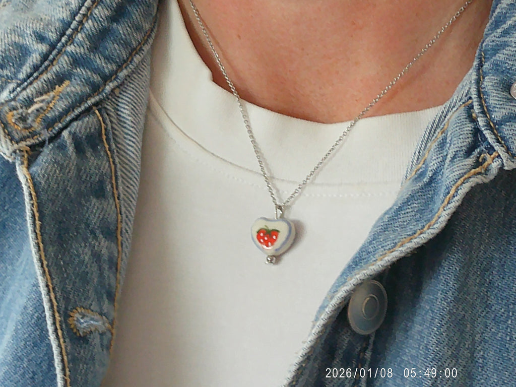 Flower design ceramic white heart charm with silver tone chain necklace (pink)